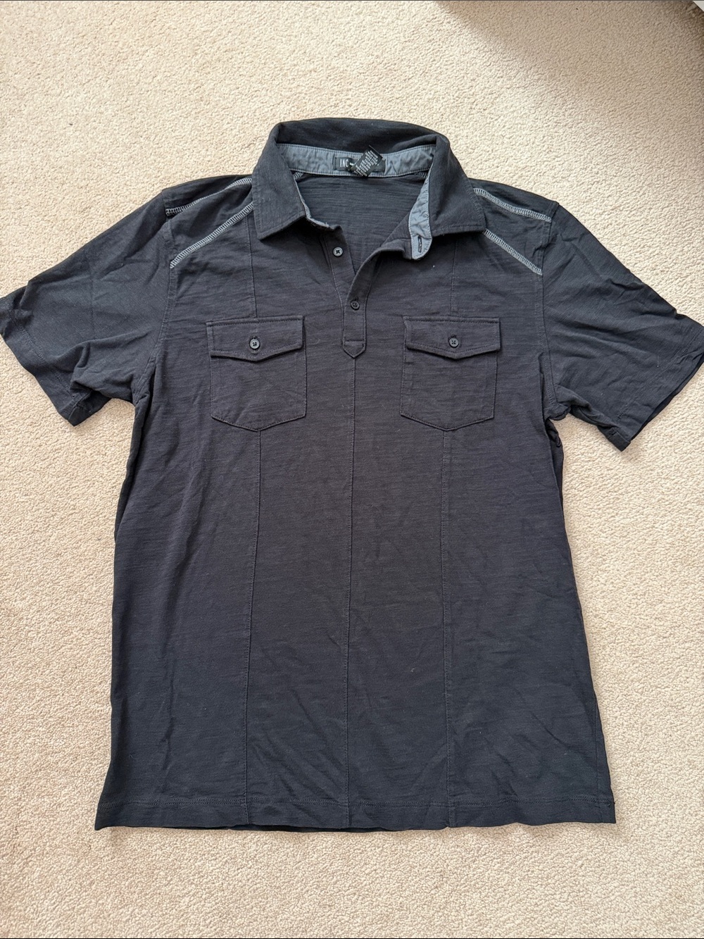 INC International Concepts Black Short-Sleeve Polo with Dual Chest Pockets